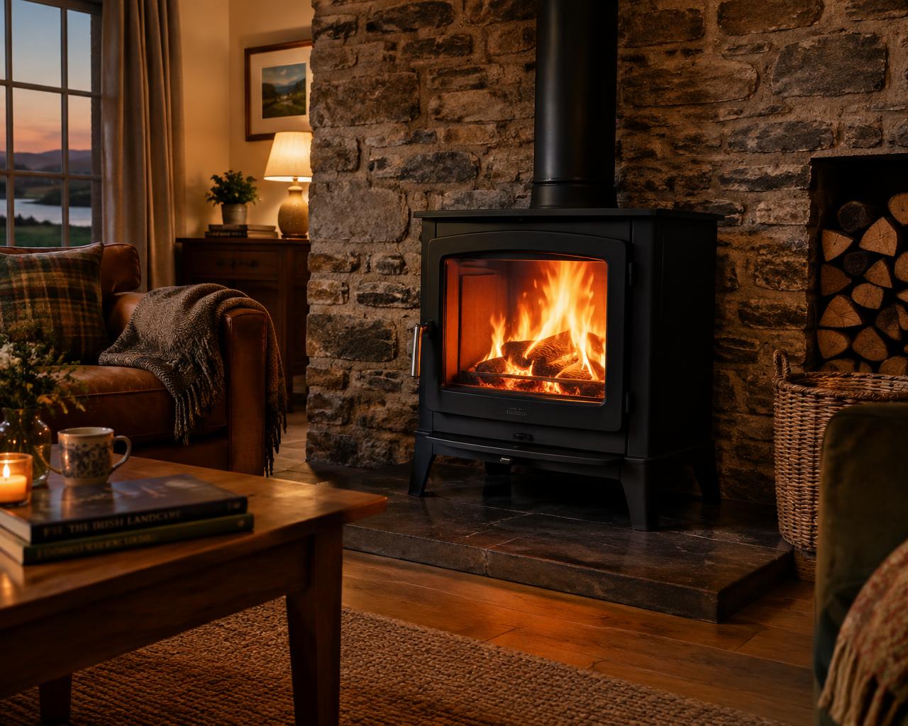 Black wood burning stove lit in a stone fireplace